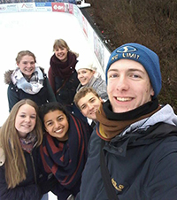 McPhail Ubaldo ice skating with friends in Germany, including Georg Stahlmann.