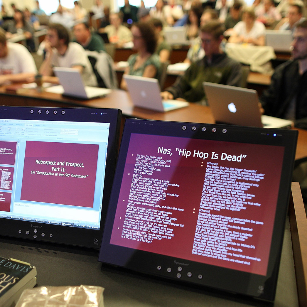 Computer screen with teaching slides in lecture classroom