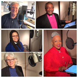 A collage featuring Tom Long, Bp. Michael Curry, Teresa Fry Brown, Barbara Brown Taylor, and Kim Jackson