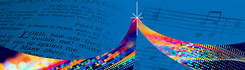 Words of a Psalm and musical notes on a blue background with colorful ribbons attached to a cross-star icon