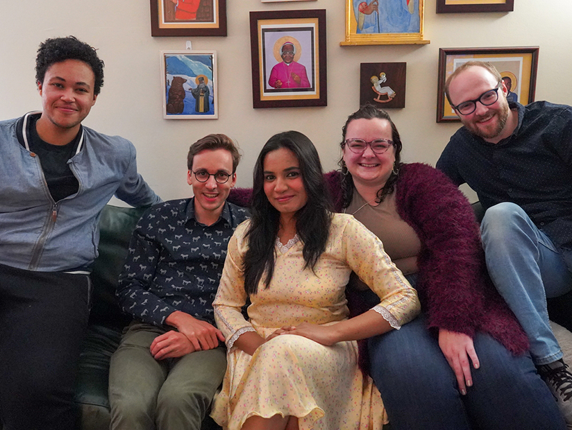 five candler students sitting together on a couch