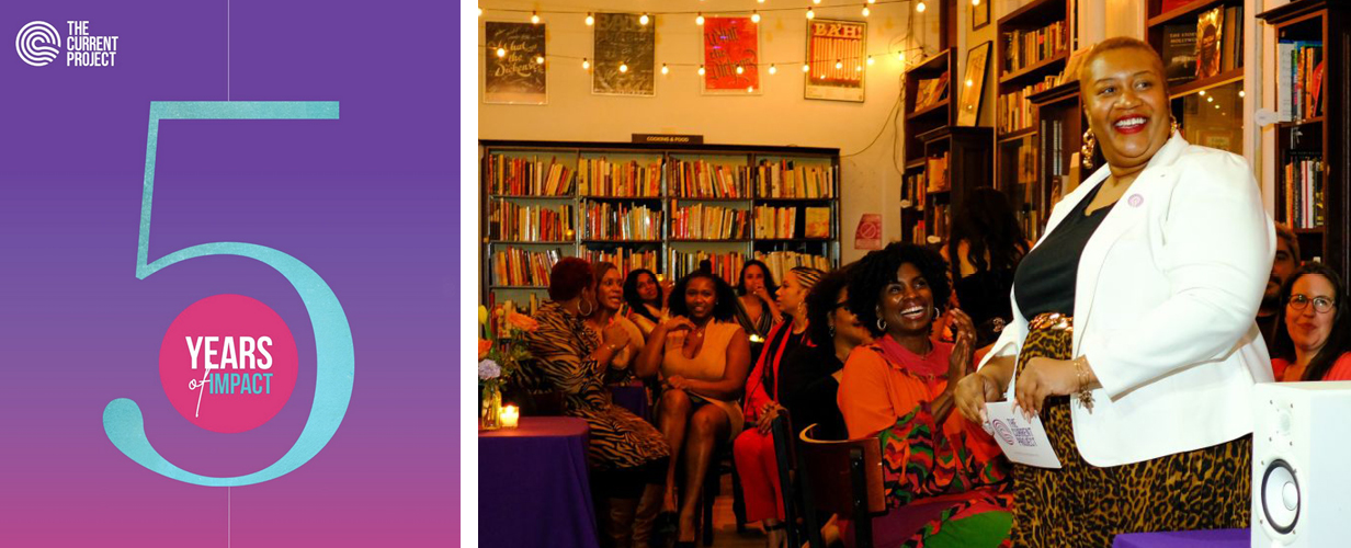 graphic with the number 5 and a woman speaking to a small crowd